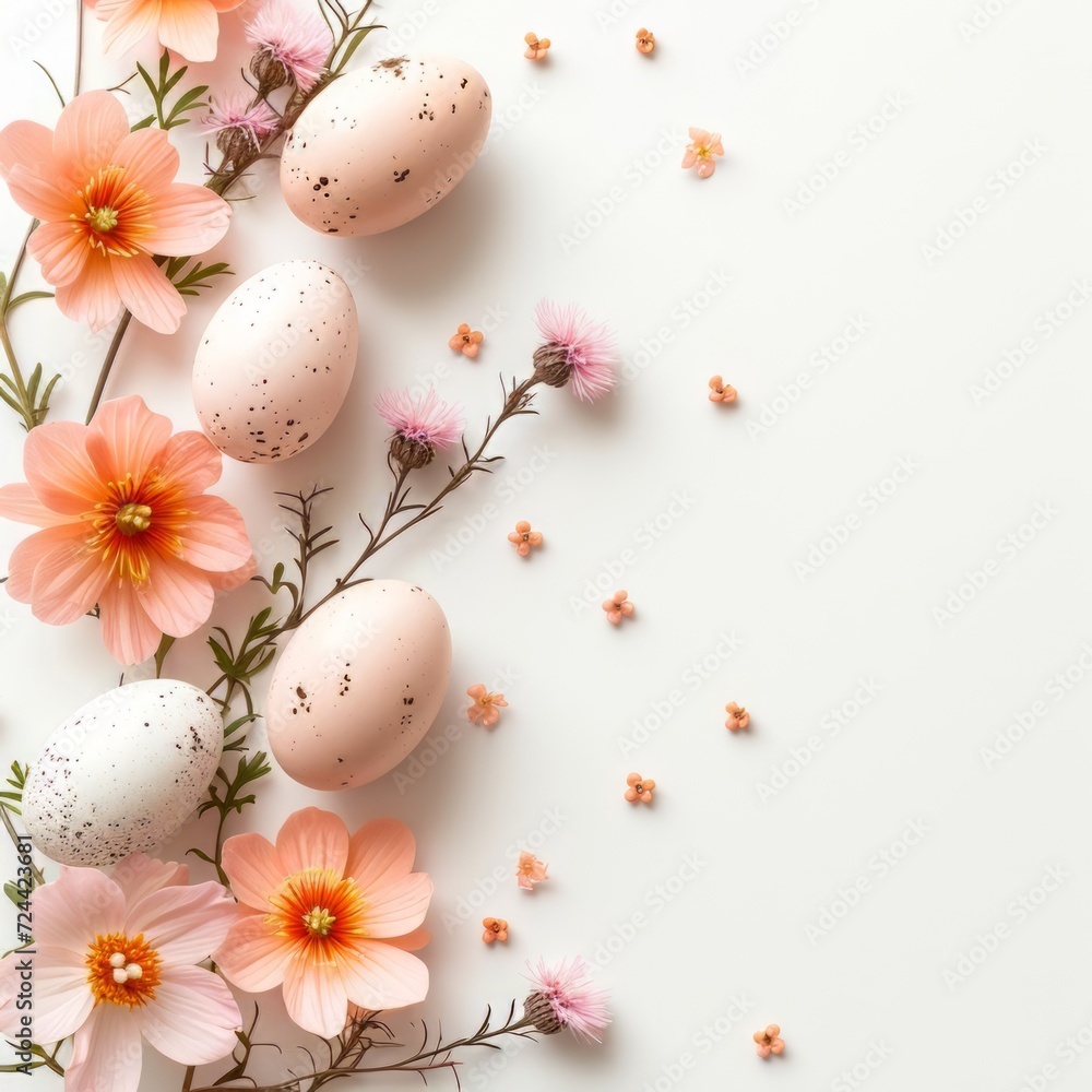 Colorful easter eggs and beautiful flower arranged and isolated on white background. Happy easter day background concept. Colorful easter eggs and beautiful flower arranged and isolated on white background. Happy easter day background concept.