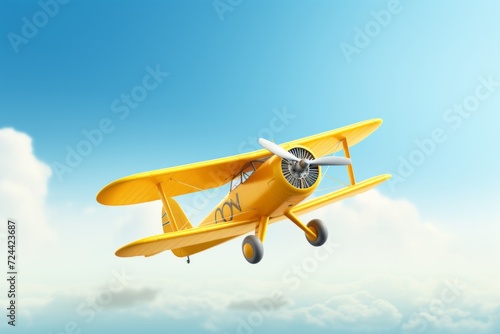 Bright yellow biplane, airplane. The Sky is light blue. Simple layout, simple 3D render