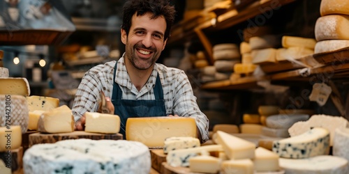 Cheerful cheesemonger presenting gourmet cheeses in artisan cheese shop. small business owner. passion for quality produce. food retail. AI photo