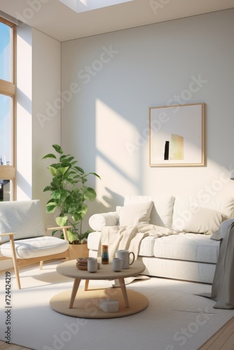 Coastal design living room. Soft and cozy white sofa with pillow home interior design