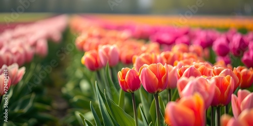 Vibrant tulip fields in bloom. a perfect spring day. ideal for backgrounds and nature themes. AI photo