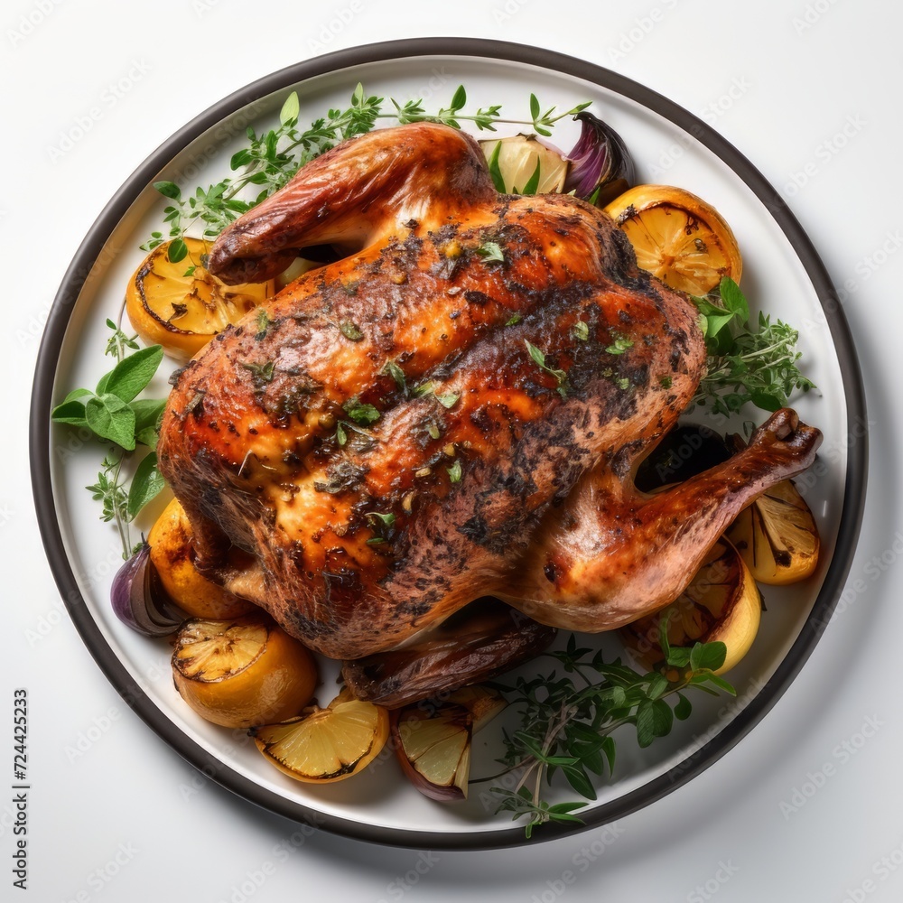 Top view of roasted turkey with lemon, potato, and spicy herb vegetables on plate. Isolated on white background. Top view of roasted turkey with lemon, potato, and spicy herb vegetables on plate. Isolated on white background.