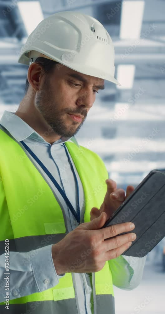 Vertical Screen: Portrait Of a Caucasian Male Engineer Standing In Factory Hall, Using Tablet at Manufacturing Facility. Specialist Using Online Software to Program Equipment on Production Line.