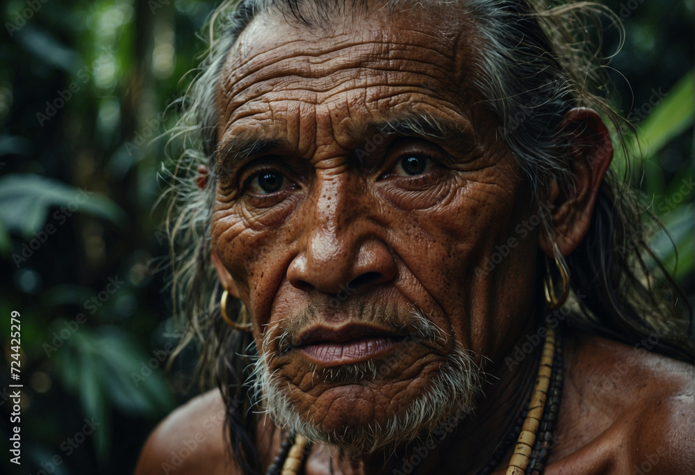 Retrato  de hombre viejo, anciano nativo del amazonas en la selva - obrazy, fototapety, plakaty 