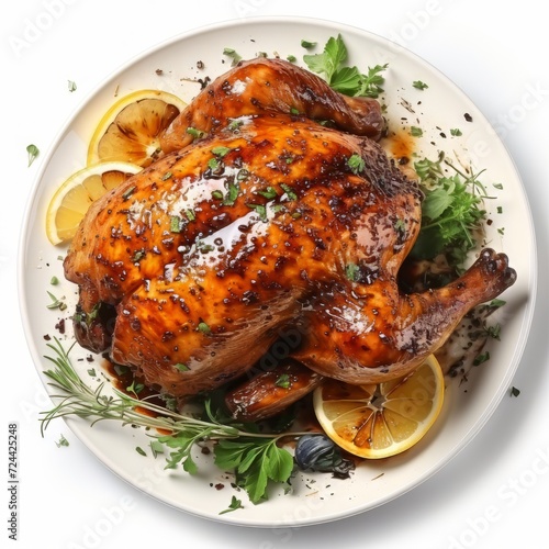 Top view of roasted turkey with lemon, potato, and spicy herb vegetables on plate. Isolated on white background.
