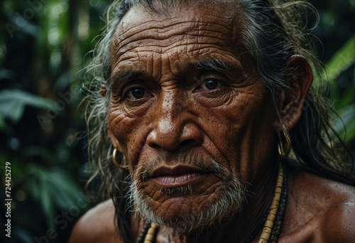 Retrato de hombre viejo, anciano nativo del amazonas en la selva