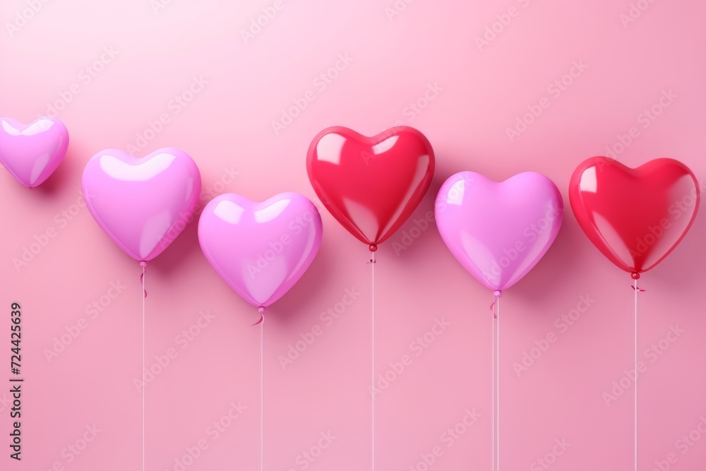 Colorful heart love shaped balloons isolated on pink background. Element decoration for Valentine's day, wedding and birthday