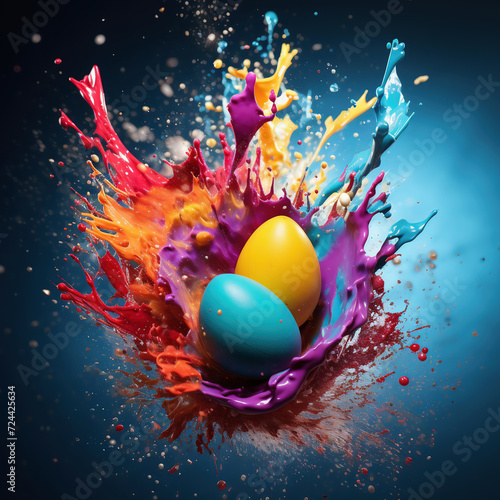 Colorful easter egg with paint splashes on a blue background