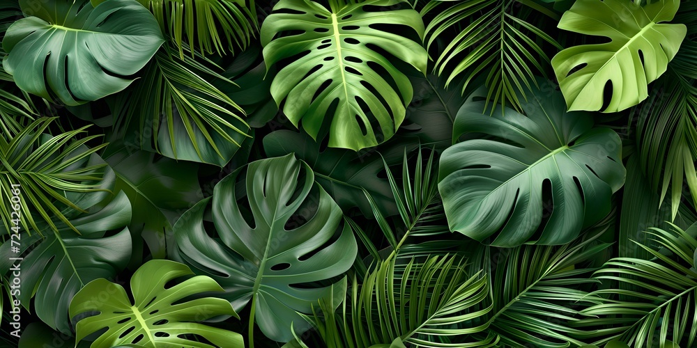 Tropical jungle foliage. dense green monstera and palm leaves. nature pattern background. perfect for design and textile. AI