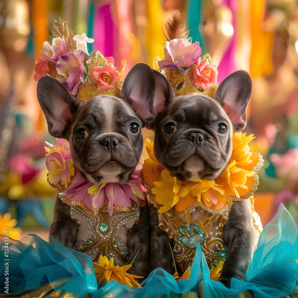 Funny dog in costume at parade. Cute french bulldog puppy dancing in colourful vibrant festive costume at brazilian carnival. Happy party pet animal, flower child hipster fashionista.
