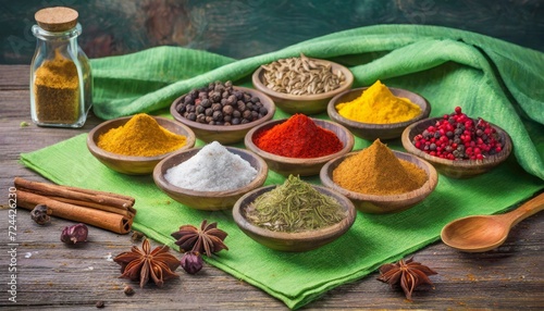 Taste Explosion: Close-Up View of Colorful Spices and Green Napkin