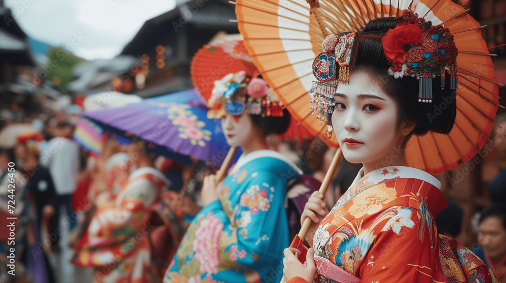 Geishas with Parasols in Vibrant Kimonos at Japanese Festival Geishas with Parasols in Vibrant Kimonos at Japanese Festival