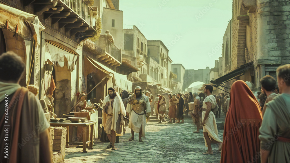 Ancient Rome street scene, with ancient Romans walking around - obrazy, fototapety, plakaty 