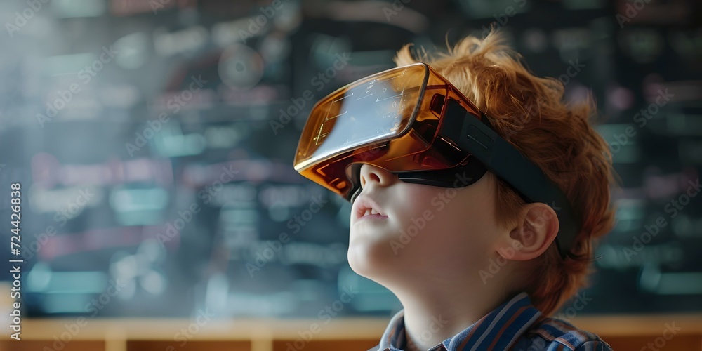 Curious child exploring virtual reality, a blend of education and technology. conceptual image in a classroom setting. AI Curious child exploring virtual reality, a blend of education and technology. conceptual image in a classroom setting. AI