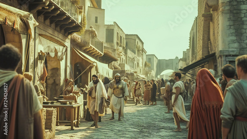 Ancient Rome street scene, with ancient Romans walking around photo