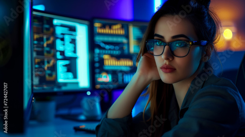 Portrait of a young programmer at her workplace in front of a computer monitor, work in the IT industry, opportunity for development and self-realization, bright neon lights in the office