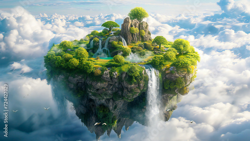 A beautiful green isle floating among clouds photo