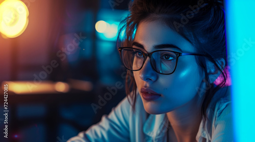 Portrait of a girl programmer working intently in the office, neon light from the monitors