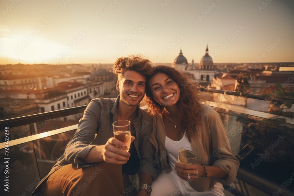 Couple with drinks enjoying sunset cityscape