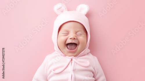 new born baby in baby clothes,happy, pink background, copy space, 16:9