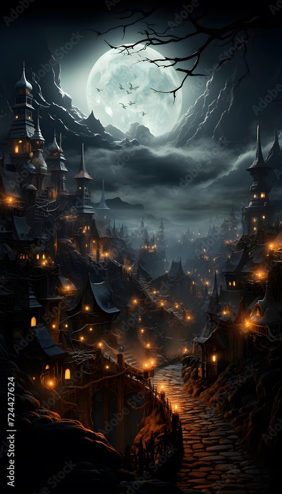 Halloween background with haunted castle and full moon, 3d illustration
