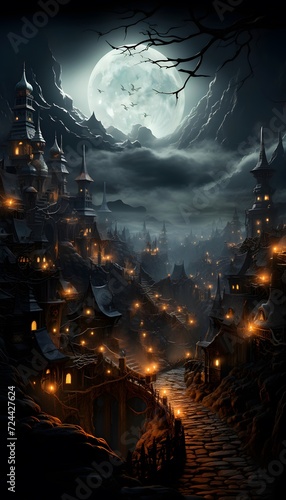 Halloween background with haunted castle and full moon  3d illustration
