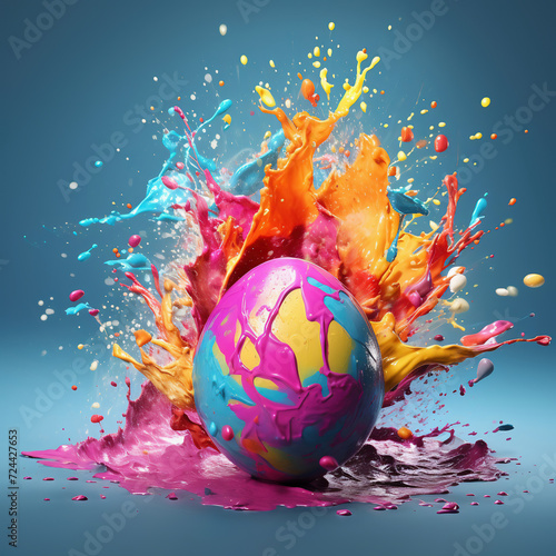 Colorful easter egg with paint splashes on a blue background