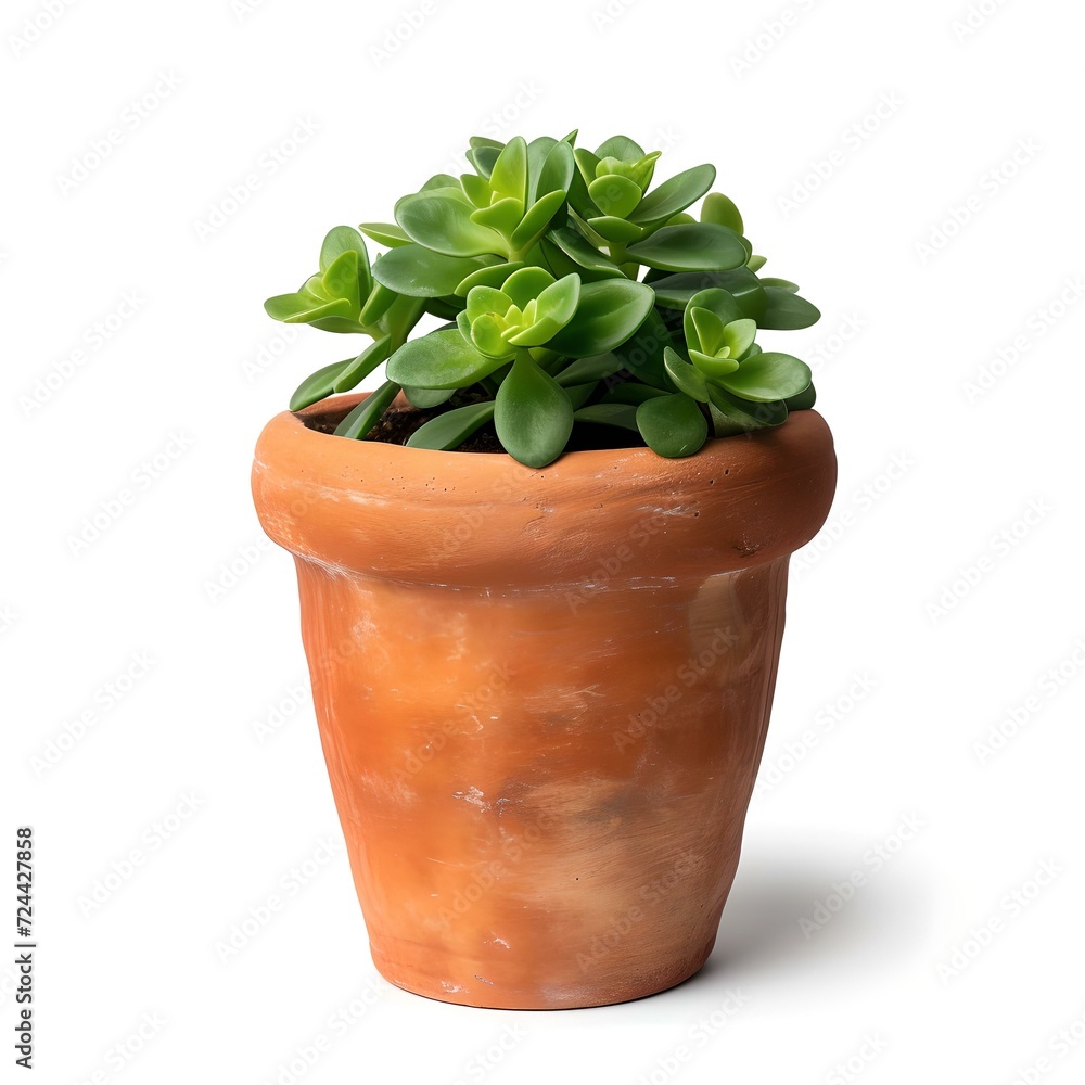 Lush green succulent plant in a classic terracotta pot on white background. perfect for home decor and gardening themes. AI