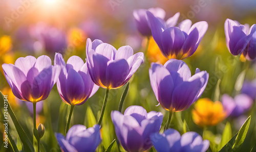 Sunny spring field  Vibrant flowers under the sun