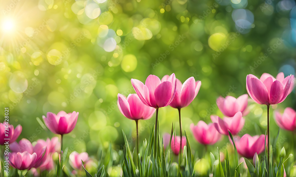 Fototapeta premium Sunny spring field: Vibrant flowers under the sun
