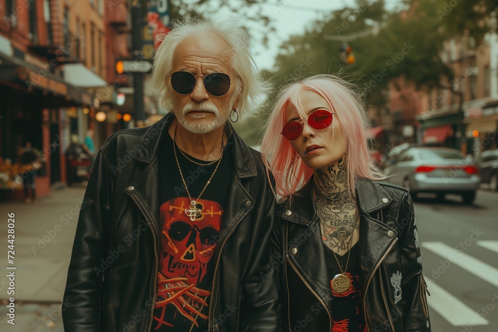 aged couple crossing the street, leather jacket, face tattoed, modern haircut