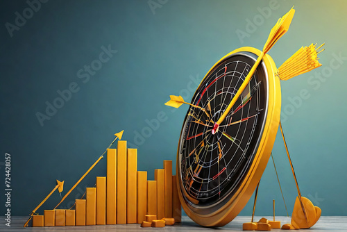 Dartboard with arrow on a rising bar graph, symbolizing enhanced business objectives, targets, and goals. 3D render for a conceptual and dynamic visual. photo