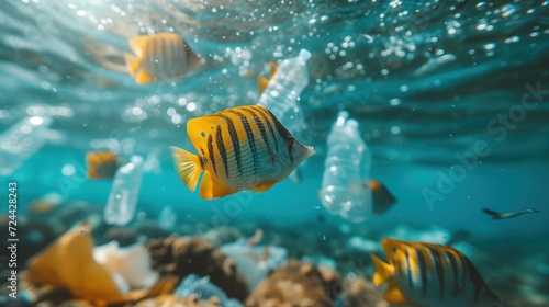 fish in a garbage bag floating in the ocean underwater