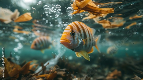 fish in a garbage bag floating in the ocean underwater