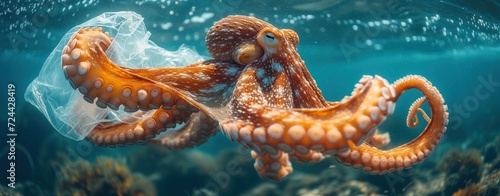 octopus and metal, plastic trash in ocean, pollution danger © arti om