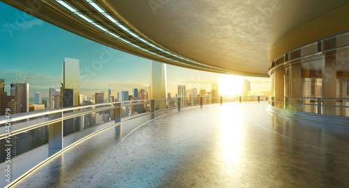 3D futuristic curved shapes design metal facade office exterior with stunning sunrise city skyline © jamesteohart