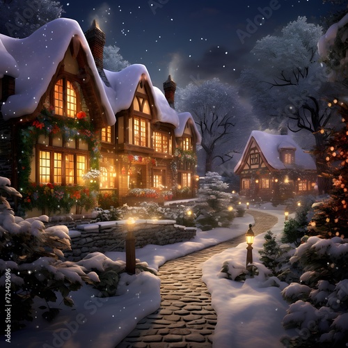Winter night in the village. Christmas and New Year concept. illustration