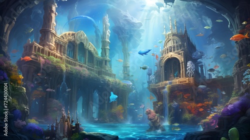 Illustration of a beautiful underwater world with many fish and a castle