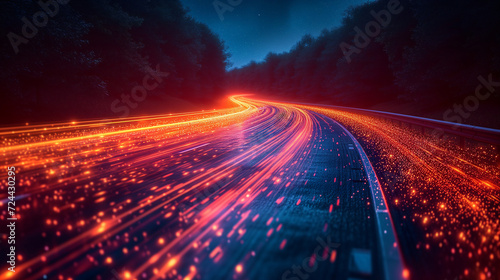 Racing sports car on neon highway. Powerful acceleration of a supercar on a night track with colorful lights and tracks. Blur at high speed. The light trail from the headlights. photo
