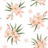 Floral seamless pattern with watercolor tropical oleander flowers and leaves on white background in peach pink pastel color