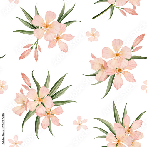 Floral seamless pattern with watercolor tropical oleander flowers and leaves on white background in peach pink pastel color
