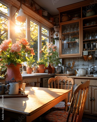 Kitchen interior with wooden table, chairs and flowers in pots.
