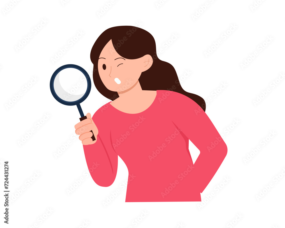 woman using magnifying glass for searching data surfing interne flat vector illustration woman using magnifying glass for searching data surfing interne flat vector illustration