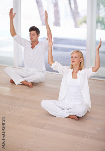 Yoga, meditation and couple do pilates in home for zen wellness, mindfulness and training. Fitness, exercise and man and woman balance in house for holistic healing, meditate and healthy mindset