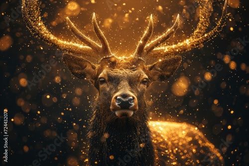 Gold deer with sparks floating on a black background