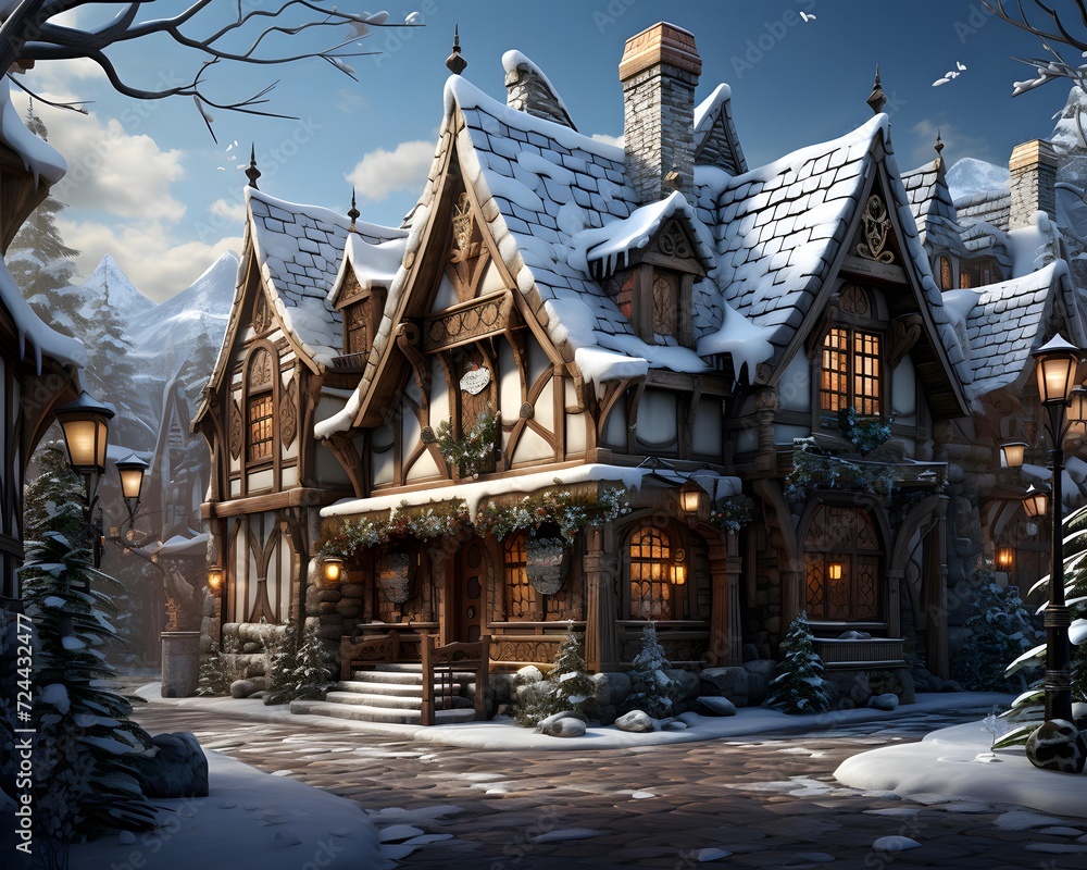 Beautiful winter landscape with wooden houses in the village. 3D rendering