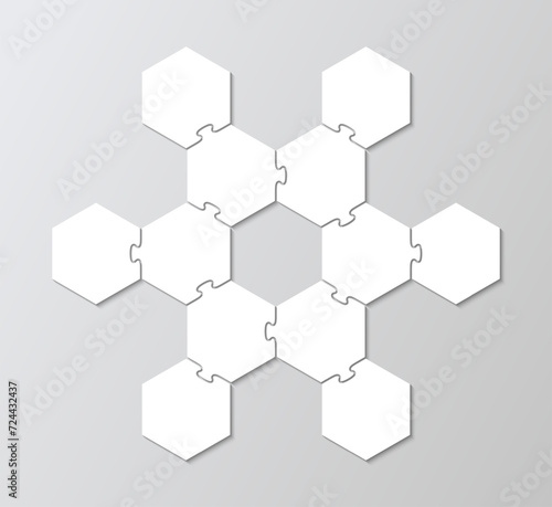 Puzzle hexagonal grid. Jigsaw business chain infographic. Hexagon puzzle infographics with 12 pieces.