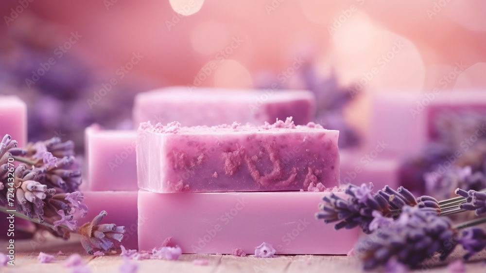 Artisanal handmade lavender soap bars arranged with fresh lavender sprigs on a rustic wooden table copy space text banner. - obrazy, fototapety, plakaty 