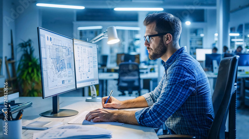 Design engineer in architecture working on a computer at his professional desk