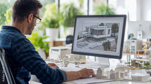 Civil engineer working on blueprints in front of a computer at his office desk.